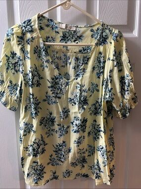 LOFT Yellow Floral V-Neck Puff Sleeve Blouse with Blue Print, large
